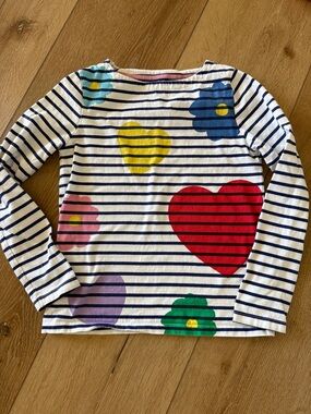 Boden White & Navy Stripe Long-Sleeve Top with Red Heart and Multi-Color Flowers